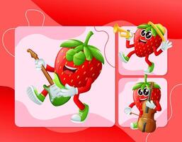 Cute strawberry characters playing musical instruments vector