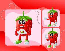 Cute strawberry characters making playful hand signs vector