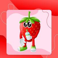 Cute strawberry character drinking a green smoothie with a straw vector