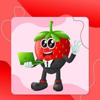 Cute strawberry character typing on a computer vector