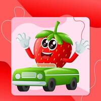 Cute strawberry character playing with car toy vector