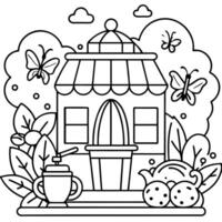 Coloring page with a house and flowers vector