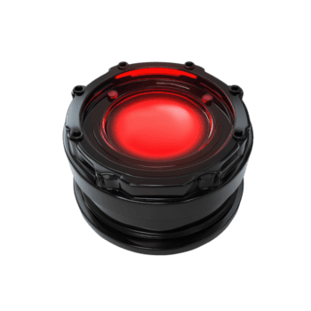 en närbild se av en elegant, modern svart knapp med en lysande röd ljus, idealisk för teknologi och design teman. png