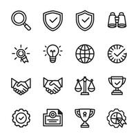 Set of business icons, including a magnifying glass, shield, and other items vector