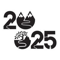 The 2025 calendar is shown with a mountain and trees vector