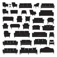 A collection of black silhouettes of different types of furniture vector