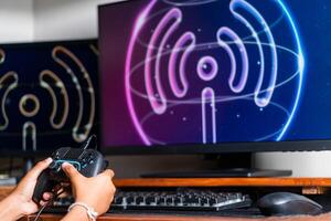 Gaming with Wireless Controller and Neon Wu-F Symbol photo