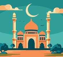 Mosque with moon and nature view illustration vector