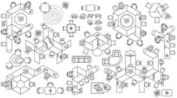 Modern office furniture icons in top view, floor plan collection. Contemporary workplace interior design elements. Desks with chairs, working person and computers for working space. vector