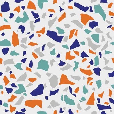 Terrazzo flooring texture. Polished pebble stone tile. Abstract blue and orange color seamless pattern