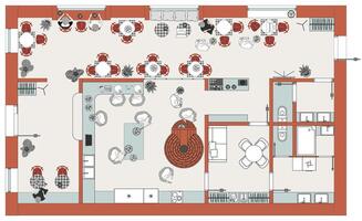 Design project of a restaurant with an open chef kitchen. Dining room layout of the hall and kitchen in the pizzeria. Interior of cafe is a top view with furniture arrangement vector
