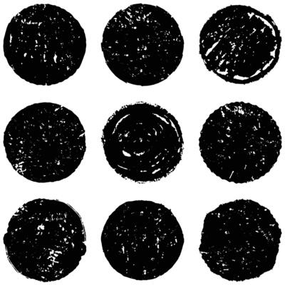 Hand drawn ink grunge circles set. Design elements round dirty frames. Black shapes circles, dry brush strokes background