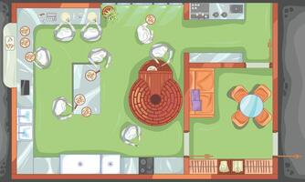 The process of cooking pizza by the chef in top view. The restaurant has a kitchen with furniture arrangement, layout with an oven. A color drawing of a catering company vector