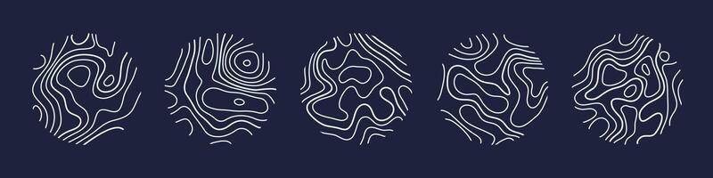 Circular wood rings or topographic map lines texture set. Wood tree topographic abstract lines collection vector