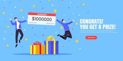 Happy lottery winners with big prize paycheck. vector