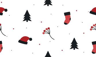 Christmas theme seamless pattern with santa hat, sock, and pine tree on white background. Christmas wrapping paper illustration vector