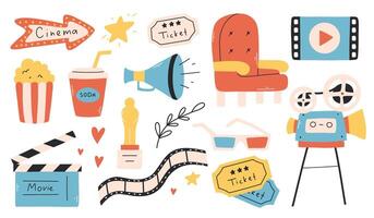 Set of cinema elements. illustration. Flat style. Collection of objects for cinema. vector