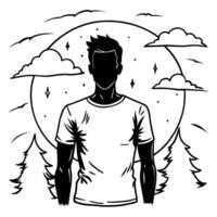 A man in a t - shirt standing in front of a forest vector