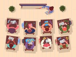Cartoon Color Characters People and Classroom Top View Concept. vector