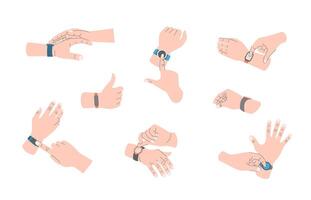 Cartoon Color Different Hands Gestures with Smart Watch Set vector