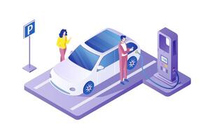 Color Car Charging Scene Concept with Characters People 3D Isometric View. vector
