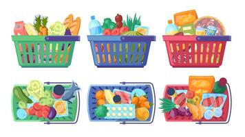 Cartoon Color Grocery Baskets Filled with A Diverse Selection Set. vector