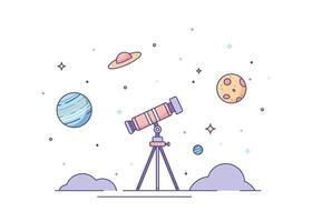 Telescope Looking to the Stars and Planets Color Thin Line Concept. vector