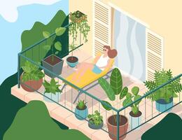 Cartoon Color Character Girl on Balcony with House Plants Rest Concept. vector