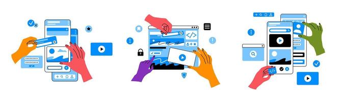 Cartoon Color Different Human Hands Working on Creating Interfaces for Websites and Mobile App Set. vector