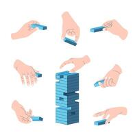 Cartoon Color Different Hands Gestures Playing Tower Balance Set. vector