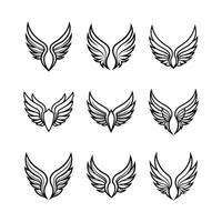 Set of hand drawn bird or angel wings of different shape in open position. vector