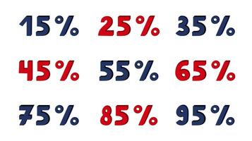 Bold cartoon set with bold 3d typography with percentages of discount from 15 to 95. Volume numbers for Black Friday Sale for business, offline store, internet shopping isolated on background. vector