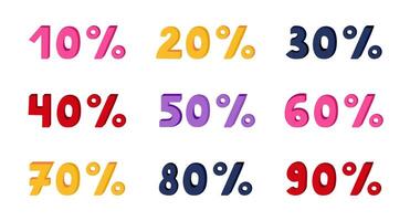 Funky cartoon set with bold 3d lettering with percent of discount from 10 to 90. Volume numbers for Black Friday and super sale for business, offline store, internet sale isolated on background. vector