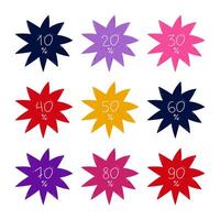 Funky Y2k set with Black Friday star bubbles with lettering of percent of discount from 10 to 90. Hand drawn cartoon label for super sale at shop, store. Simple childish price tags isolated on white. vector