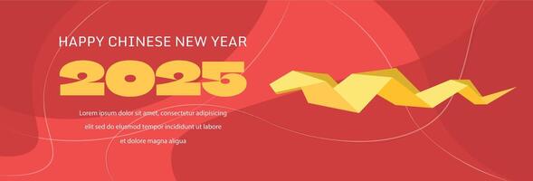 New Year of the green Snake 2025 horizontal poster. Simple Origami snake on red background. Chinese translation text Happy New Year, snake vector