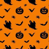 Seamless Halloween pattern with ghosts, bats, spiders, scary pumpkins on orange background vector