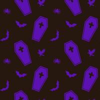 Seamless Halloween pattern with silhouettes of tombs, bats, spiders on a dark background vector