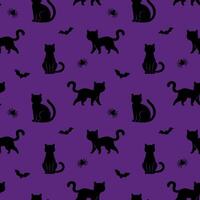 Seamless Halloween pattern with silhouettes of cats and bats purple background vector