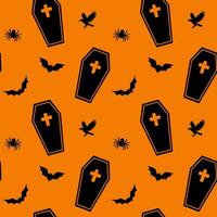 Seamless Halloween pattern with tombs, bats, spiders on orange background vector