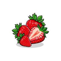 Set Of Juicy Whole And Half Strawberries With Green Leaves On White Background Illustration vector