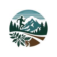 A man running in the mountains with trees and mountains in the background vector