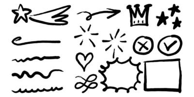 Hand drawn doodle style collection of heart, scribble, star, check mark, spirals, box, exclamation mark, question mark, crown, sparkles, leaves, lightning, and emphasis element. vector