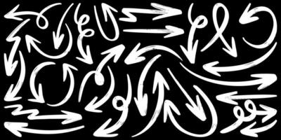 Set of Hand drawn arrows doodle on black background. vector