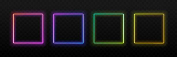 Neon light square frame. Rectangle glowing borders with pink, green and blue, yellow led neon. Shiny futuristic banners. UI line boxes, vibrant border frames set vector