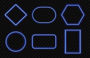Glowing neon frames. Blue light rectangle, circle and hexagon glowing borders with led neon. Shiny futuristic rounded banners. UI line elements, vibrant border frames set vector