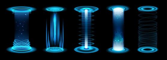 Light realistic portal. Level up blue futuristic neon glow beam power game stage with vortex, teleport podium. HUD portals energy with blue rays. 3D tech isolated set vector