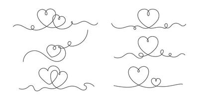 One line heart. Continuous line hearts drawing, romantic love and Valentines day concept for lovers. Minimalist heart shape linear design for Valentines day greeting card. set vector