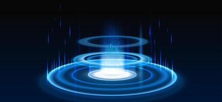 Portal background. Blue futuristic neon product podium, glow hologram game stage, teleport with light beams. HUD platform energy with blue rays. 3D tech concept vector