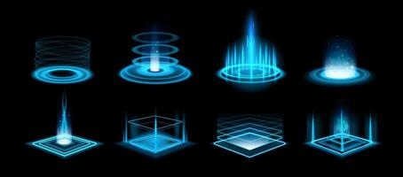 Portal. Blue futuristic neon glow hologram game stage with sparkles and vortex, teleport podium with light beams. HUD portals energy with blue rays. 3D tech product platform set vector