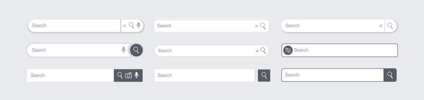 Search bar. Website ui design, search Internet box, browser engine text field, navigation bar with push button. Interface web element templates set vector